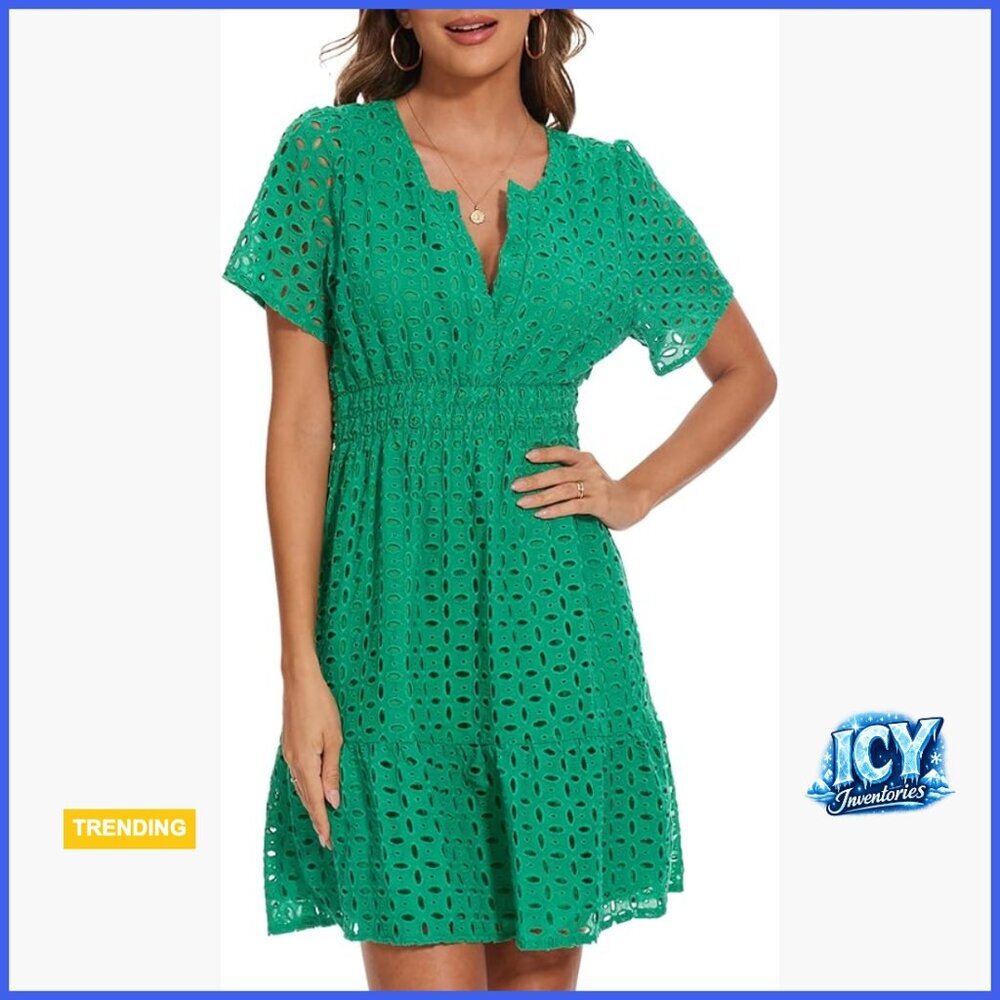 Cotton Eyelet Lace V-Neck Mini A-Line Sundress Casual Formal